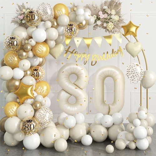 80 Geburtstag Deko Beige Gold,80.Geburtstag Luftballons Girlande mit Luftballon 80 Geburtstag,Happy Birthday Banner,Konfetti Luftballons für Mann Frauen 80 Jahre Geburtstag Party Dekoration von Dagelar