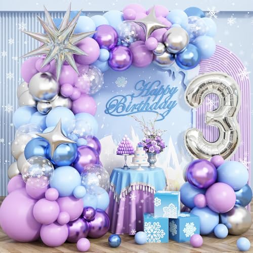 Frozen 3rd Birthday Decorations Girl, Frozen Snowflake Balloon Garland Arch Kit, Laser Explosion Star Balloons, Silver Number 3 Balloon Tower for Baby Shower Girls 3rd Frozen Elsa Theme Party Supplies von Dagelar