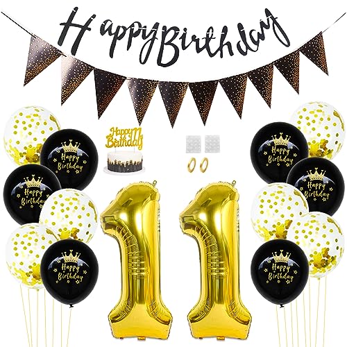 Daimay 11. Geburtstag Dekorationen Schwarz Gold Geburtstagsdeko Mann Frauen Happy Birthday Banner Konfetti Luftballons Nummer Folienballons Geburtstag Tortendeko für 11 Jahre Geburtstagsdeko von Daimay