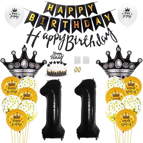 Daimay 11. Geburtstag Dekorationen Schwarz Gold Geburtstagsdeko Mann Frauen Happy Birthday Banner Konfetti Luftballons Nummer Folienballons Krone Mylar Ballon Tortendeko für 11 Jahre Geburtstagsdeko von Daimay