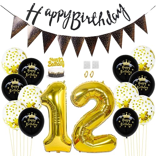 Daimay 12. Geburtstag Dekorationen Schwarz Gold Geburtstagsdeko Mann Frauen Happy Birthday Banner Konfetti Luftballons Nummer Folienballons Geburtstag Tortendeko für 12 Jahre Geburtstagsdeko von Daimay