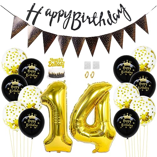 Daimay 14. Geburtstag Dekorationen Schwarz Gold Geburtstagsdeko Mann Frauen Happy Birthday Banner Konfetti Luftballons Nummer Folienballons Geburtstag Tortendeko für 14 Jahre Geburtstagsdeko von Daimay