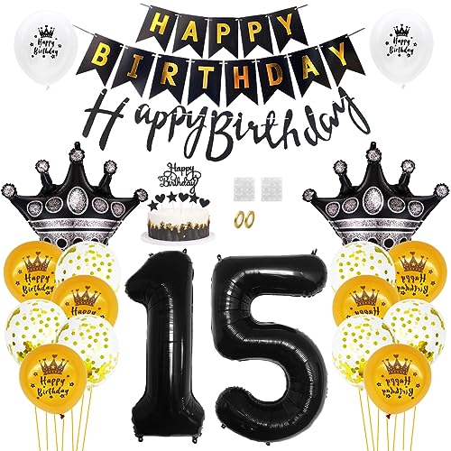 Daimay 15. Geburtstag Dekorationen Schwarz Gold Geburtstagsdeko Mann Frauen Happy Birthday Banner Konfetti Luftballons Nummer Folienballons Krone Mylar Ballon Tortendeko für 15 Jahre Geburtstagsdeko von Daimay