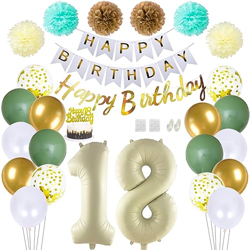 Daimay 18 Geburtstag Deko Frauen Mann Grün Beige Geburtstag Luftballon Dekoration Gold Weiß Party Deco Happy Birthday Girlande 18 Jahr Geburtstagdeko Ballons Pompons Konfetti Luftballons Tortenaufsatz von Daimay