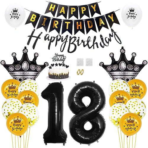 Daimay 18. Geburtstag Dekorationen Schwarz Gold Geburtstagsdeko Mann Frauen Happy Birthday Banner Konfetti Luftballons Nummer Folienballons Krone Mylar Ballon Tortendeko für 18 Jahre Geburtstagsdeko von Daimay