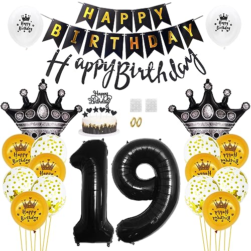 Daimay 19. Geburtstag Dekorationen Schwarz Gold Geburtstagsdeko Mann Frauen Happy Birthday Banner Konfetti Luftballons Nummer Folienballons Krone Mylar Ballon Tortendeko für 19 Jahre Geburtstagsdeko von Daimay