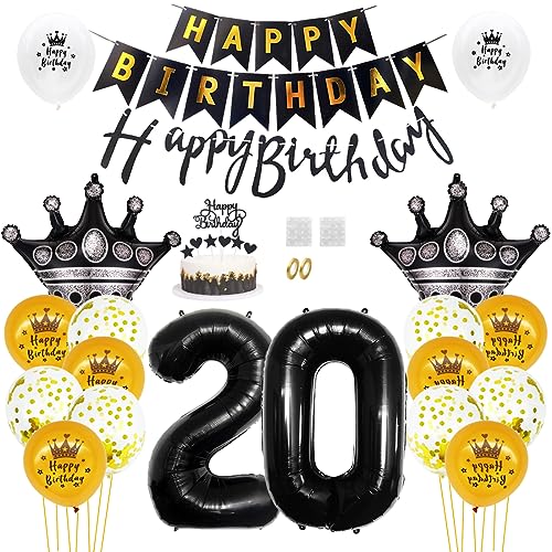 Daimay 20. Geburtstag Dekorationen Schwarz Gold Geburtstagsdeko Mann Frauen Happy Birthday Banner Konfetti Luftballons Nummer Folienballons Krone Mylar Ballon Tortendeko für 20 Jahre Geburtstagsdeko von Daimay