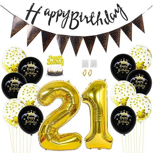 Daimay 21. Geburtstag Dekorationen Schwarz Gold Geburtstagsdeko Mann Frauen Happy Birthday Banner Konfetti Luftballons Nummer Folienballons Geburtstag Tortendeko für 21 Jahre Geburtstagsdeko von Daimay