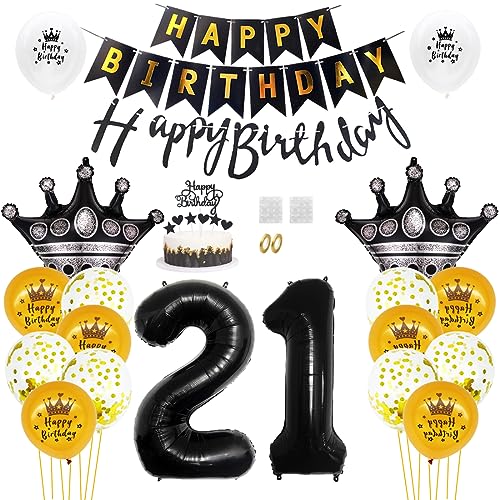 Daimay 21. Geburtstag Dekorationen Schwarz Gold Geburtstagsdeko Mann Frauen Happy Birthday Banner Konfetti Luftballons Nummer Folienballons Krone Mylar Ballon Tortendeko für 21 Jahre Geburtstagsdeko von Daimay