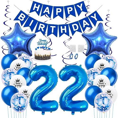 Daimay 22. Geburtstag Dekorationen Blau Geburtstagsdeko Mann Frauen Happy Birthday Banner Konfetti Luftballons Nummer Folienballons Stern Mylar Ballon Tortendeko für 22 Jahre Geburtstagsdeko von Daimay