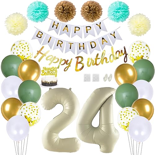 Daimay 24 Geburtstag Deko Frauen Mann Grün Beige Geburtstag Luftballon Dekoration Gold Weiß Party Deco Happy Birthday Girlande 24 Jahr Geburtstagdeko Ballons Pompons Konfetti Luftballons Tortenaufsatz von Daimay