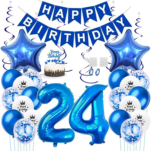 Daimay 24. Geburtstag Dekorationen Blau Geburtstagsdeko Mann Frauen Happy Birthday Banner Konfetti Luftballons Nummer Folienballons Stern Mylar Ballon Tortendeko für 24 Jahre Geburtstagsdeko von Daimay