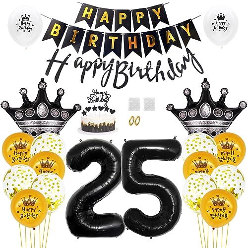 Daimay 25. Geburtstag Dekorationen Schwarz Gold Geburtstagsdeko Mann Frauen Happy Birthday Banner Konfetti Luftballons Nummer Folienballons Krone Mylar Ballon Tortendeko für 25 Jahre Geburtstagsdeko von Daimay