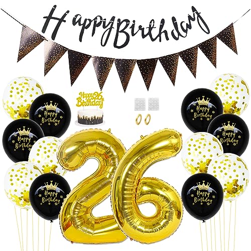 Daimay 26. Geburtstag Dekorationen Schwarz Gold Geburtstagsdeko Mann Frauen Happy Birthday Banner Konfetti Luftballons Nummer Folienballons Geburtstag Tortendeko für 26 Jahre Geburtstagsdeko von Daimay