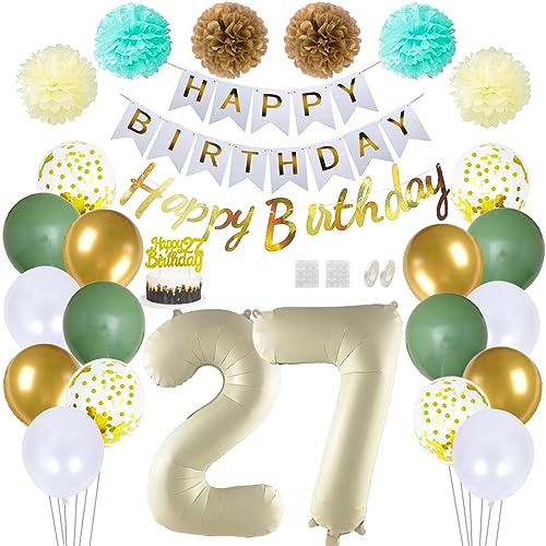 Daimay 27 Geburtstag Deko Frauen Mann Grün Beige Geburtstag Luftballon Dekoration Gold Weiß Party Deco Happy Birthday Girlande 27 Jahr Geburtstagdeko Ballons Pompons Konfetti Luftballons Tortenaufsatz von Daimay