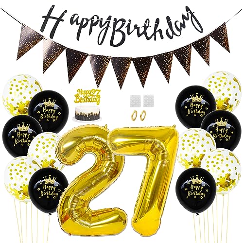 Daimay 27. Geburtstag Dekorationen Schwarz Gold Geburtstagsdeko Mann Frauen Happy Birthday Banner Konfetti Luftballons Nummer Folienballons Geburtstag Tortendeko für 27 Jahre Geburtstagsdeko von Daimay