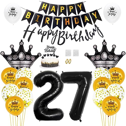 Daimay 27. Geburtstag Dekorationen Schwarz Gold Geburtstagsdeko Mann Frauen Happy Birthday Banner Konfetti Luftballons Nummer Folienballons Krone Mylar Ballon Tortendeko für 27 Jahre Geburtstagsdeko von Daimay