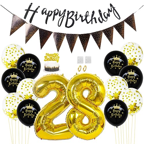 Daimay 28. Geburtstag Dekorationen Schwarz Gold Geburtstagsdeko Mann Frauen Happy Birthday Banner Konfetti Luftballons Nummer Folienballons Geburtstag Tortendeko für 28 Jahre Geburtstagsdeko von Daimay