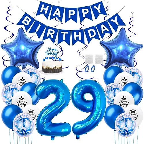 Daimay 29. Geburtstag Dekorationen Blau Geburtstagsdeko Mann Frauen Happy Birthday Banner Konfetti Luftballons Nummer Folienballons Stern Mylar Ballon Tortendeko für 29 Jahre Geburtstagsdeko von Daimay