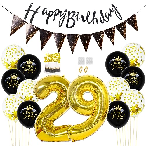 Daimay 29. Geburtstag Dekorationen Schwarz Gold Geburtstagsdeko Mann Frauen Happy Birthday Banner Konfetti Luftballons Nummer Folienballons Geburtstag Tortendeko für 29 Jahre Geburtstagsdeko von Daimay