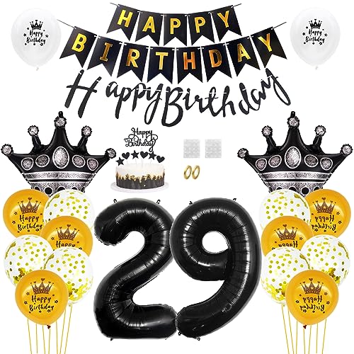 Daimay 29. Geburtstag Dekorationen Schwarz Gold Geburtstagsdeko Mann Frauen Happy Birthday Banner Konfetti Luftballons Nummer Folienballons Krone Mylar Ballon Tortendeko für 29 Jahre Geburtstagsdeko von Daimay