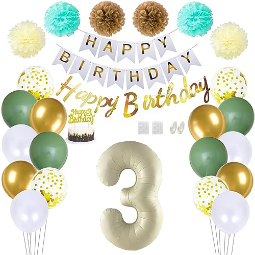 Daimay 3 Geburtstag Deko Frauen Mann Grün Beige Geburtstag Luftballon Dekoration Gold Weiß Party Deco Happy Birthday Girlande 3 Jahr Geburtstagdeko Ballons Pompons Konfetti Luftballons Tortenaufsatz von Daimay