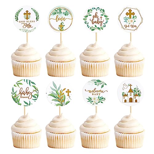 Daimay 32 Stück Willkommen Baby Shower Tortendeko Taufe Kommunion Dekoration Tortendeko Tortendeko Babyparty Baby Cupcake Toppers Blätter Muster Pflanze Kuchen Topper für Geburtstag Babyparty von Daimay