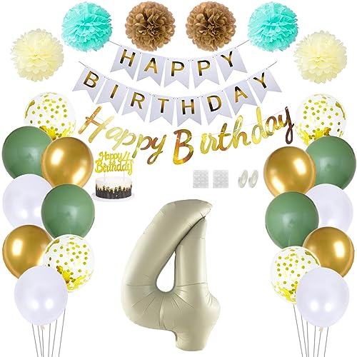 Daimay 4 Geburtstag Deko Frauen Mann Grün Beige Geburtstag Luftballon Dekoration Gold Weiß Party Deco Happy Birthday Girlande 4 Jahr Geburtstagdeko Ballons Pompons Konfetti Luftballons Tortenaufsatz von Daimay