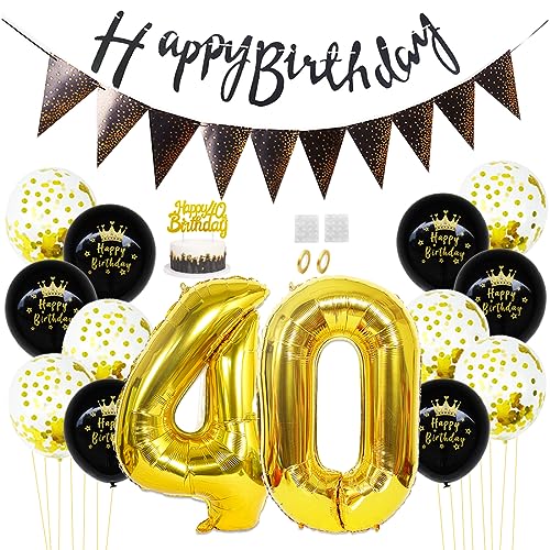 Daimay 40. Geburtstag Dekorationen Schwarz Gold Geburtstagsdeko Mann Frauen Happy Birthday Banner Konfetti Luftballons Nummer Folienballons Geburtstag Tortendeko für 40 Jahre Geburtstagsdeko von Daimay