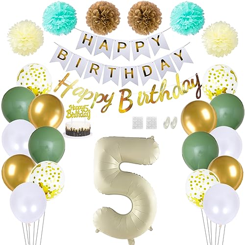 Daimay 5 Geburtstag Deko Frauen Mann Grün Beige Geburtstag Luftballon Dekoration Gold Weiß Party Deco Happy Birthday Girlande 5 Jahr Geburtstagdeko Ballons Pompons Konfetti Luftballons Tortenaufsatz von Daimay