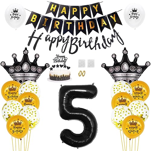 Daimay 5. Geburtstag Dekorationen Schwarz Gold Geburtstagsdeko Mann Frauen Happy Birthday Banner Konfetti Luftballons Nummer Folienballons Krone Mylar Ballon Tortendeko für 5 Jahre Geburtstagsdeko von Daimay