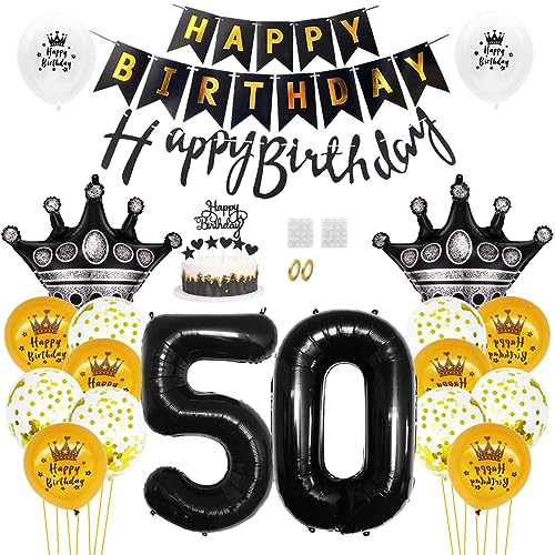 Daimay 50. Geburtstag Dekorationen Schwarz Gold Geburtstagsdeko Mann Frauen Happy Birthday Banner Konfetti Luftballons Nummer Folienballons Krone Mylar Ballon Tortendeko für 50 Jahre Geburtstagsdeko von Daimay