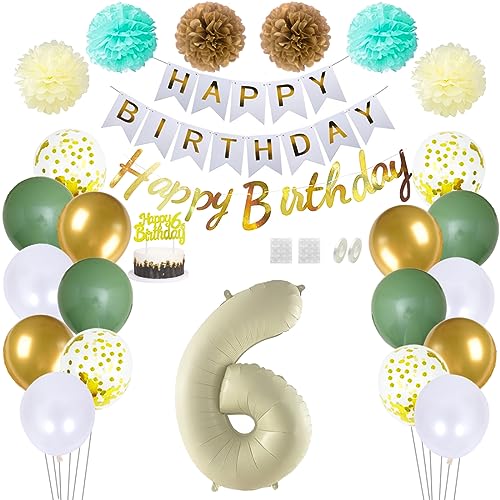 Daimay 6 Geburtstag Deko Frauen Mann Grün Beige Geburtstag Luftballon Dekoration Gold Weiß Party Deco Happy Birthday Girlande 6 Jahr Geburtstagdeko Ballons Pompons Konfetti Luftballons Tortenaufsatz von Daimay