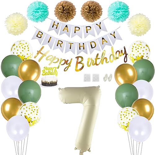 Daimay 7 Geburtstag Deko Frauen Mann Grün Beige Geburtstag Luftballon Dekoration Gold Weiß Party Deco Happy Birthday Girlande 7 Jahr Geburtstagdeko Ballons Pompons Konfetti Luftballons Tortenaufsatz von Daimay