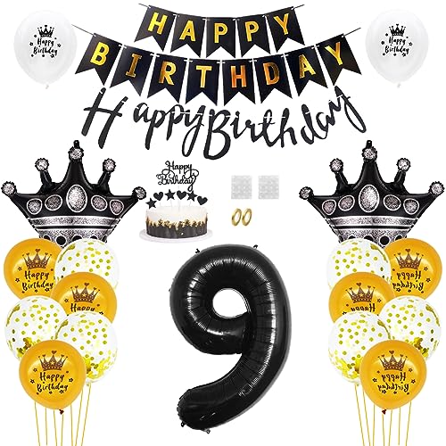 Daimay 9. Geburtstag Dekorationen Schwarz Gold Geburtstagsdeko Mann Frauen Happy Birthday Banner Konfetti Luftballons Nummer Folienballons Krone Mylar Ballon Tortendeko für 9 Jahre Geburtstagsdeko von Daimay