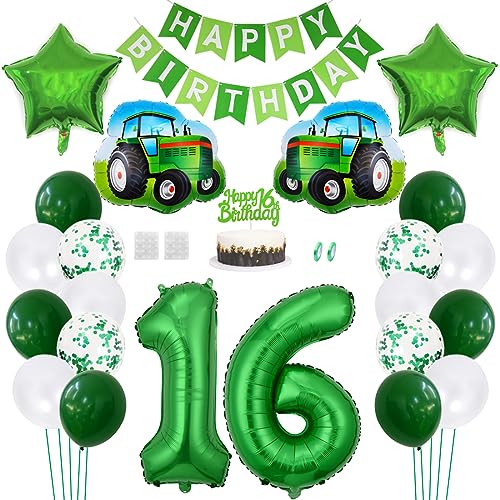 Daimay Traktor Geburtstag Deko 16 Jahre Auto Foil Balloon Happy Birthday Banner Trecker Luftballons Bauernhof Geburtstagsdeko Grün Folienballon Traktor Bagger Tortendeko für Jungen Party Dekoration von Daimay