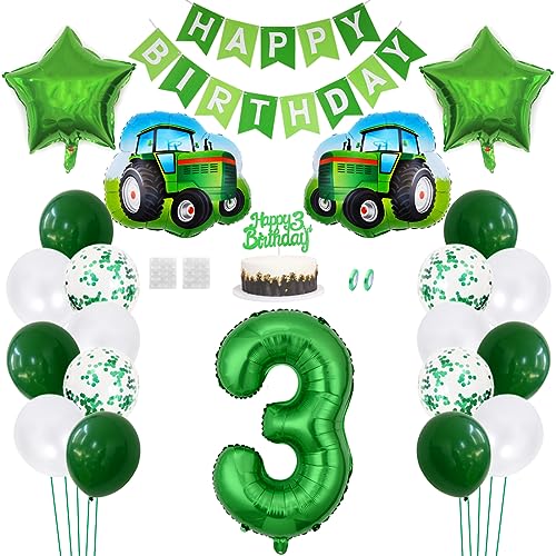 Daimay Traktor Geburtstag Deko 3 Jahre Auto Foil Balloon Happy Birthday Banner Trecker Luftballons Bauernhof Geburtstagsdeko Grün Folienballon Traktor Bagger Tortendeko für Jungen Party Dekoration von Daimay