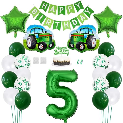 Daimay Traktor Geburtstag Deko 5 Jahre Auto Foil Balloon Happy Birthday Banner Trecker Luftballons Bauernhof Geburtstagsdeko Grün Folienballon Traktor Bagger Tortendeko für Jungen Party Dekoration von Daimay