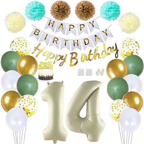 Daimay 14 Geburtstag Deko Frauen Mann Grün Beige Geburtstag Luftballon Dekoration Gold Weiß Party Deco Happy Birthday Girlande 14 Jahr Geburtstagdeko Ballons Pompons Konfetti Luftballons Tortenaufsatz von Daimay