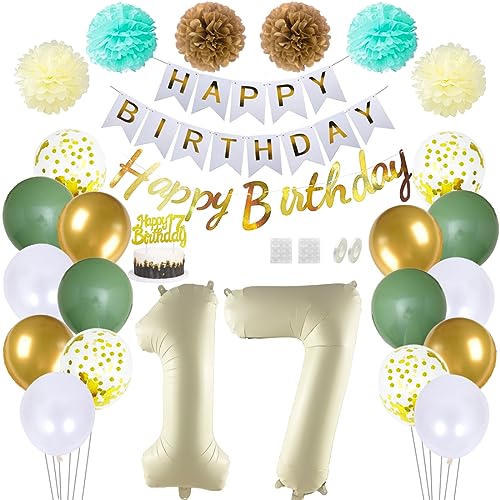 Daimay 17 Geburtstag Deko Frauen Mann Grün Beige Geburtstag Luftballon Dekoration Gold Weiß Party Deco Happy Birthday Girlande 17 Jahr Geburtstagdeko Ballons Pompons Konfetti Luftballons Tortenaufsatz von Daimay