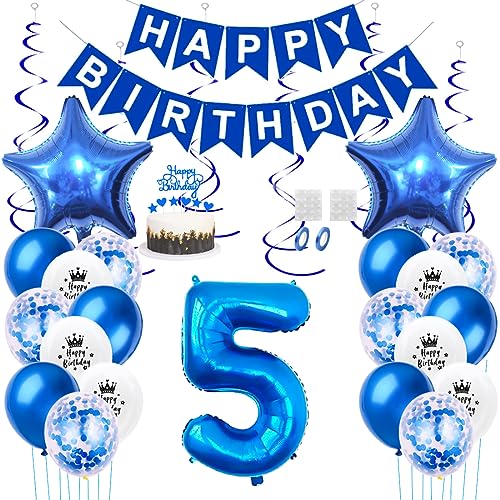 Daimay 5. Geburtstag Dekorationen Blau Geburtstagsdeko Mann Frauen Happy Birthday Banner Konfetti Luftballons Nummer Folienballons Stern Mylar Ballon Tortendeko für 5 Jahre Geburtstagsdeko von Daimay