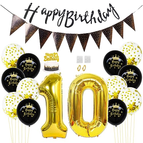 Daimay 10. Geburtstag Dekorationen Schwarz Gold Geburtstagsdeko Mann Frauen Happy Birthday Banner Konfetti Luftballons Nummer Folienballons Geburtstag Tortendeko für 10 Jahre Geburtstagsdeko von Daimay