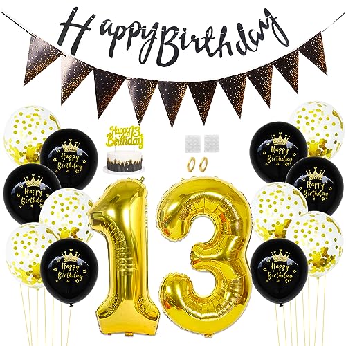 Daimay 13. Geburtstag Dekorationen Schwarz Gold Geburtstagsdeko Mann Frauen Happy Birthday Banner Konfetti Luftballons Nummer Folienballons Geburtstag Tortendeko für 13 Jahre Geburtstagsdeko von Daimay