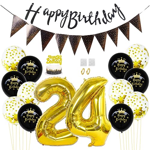 Daimay 24. Geburtstag Dekorationen Schwarz Gold Geburtstagsdeko Mann Frauen Happy Birthday Banner Konfetti Luftballons Nummer Folienballons Geburtstag Tortendeko für 24 Jahre Geburtstagsdeko von Daimay