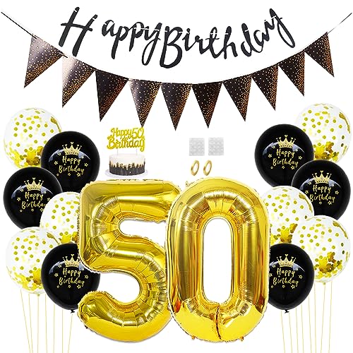 Daimay 50. Geburtstag Dekorationen Schwarz Gold Geburtstagsdeko Mann Frauen Happy Birthday Banner Konfetti Luftballons Nummer Folienballons Geburtstag Tortendeko für 50 Jahre Geburtstagsdeko von Daimay