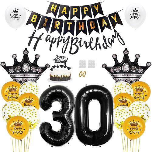 Daimay 30. Geburtstag Dekorationen Schwarz Gold Geburtstagsdeko Mann Frauen Happy Birthday Banner Konfetti Luftballons Nummer Folienballons Krone Mylar Ballon Tortendeko für 30 Jahre Geburtstagsdeko von Daimay