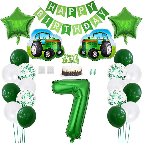 Daimay Traktor Geburtstag Deko 7 Jahre Auto Foil Balloon Happy Birthday Banner Trecker Luftballons Bauernhof Geburtstagsdeko Grün Folienballon Traktor Bagger Tortendeko für Jungen Party Dekoration von Daimay