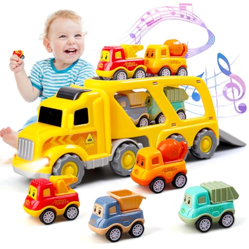 Daioller 5 Pcs Kleinkinder Autos Spielzeug für 1-4 Jahre alt, 1 Carrier Truck mit 4 kleinen Cartoon Pull Back Fahrzeuge, Bunte Transport-Truck mit Sound und Licht von Daioller