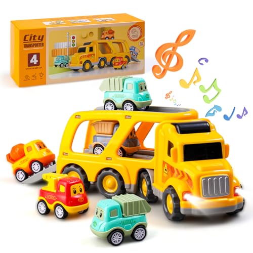 Daioller 5 Pcs Kleinkinder Autos Spielzeug für 1-4 Jahre alt, 1 Carrier Truck mit 4 kleinen Cartoon Pull Back Fahrzeuge, Bunte Transport-Truck mit Sound und Licht von Daioller