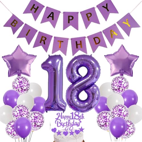 Dalettu Luftballons 18. Geburtstag Dekoration, Tortendeko Happy 18th Birthday Deko 18 Jahre Mädchen, Folienballon Zahl 18 Lila, Deko 18. Geburtstag Mädchen, Lila Geburtstagsdeko 18 Jahr Jungen Mädchen von Dalettu